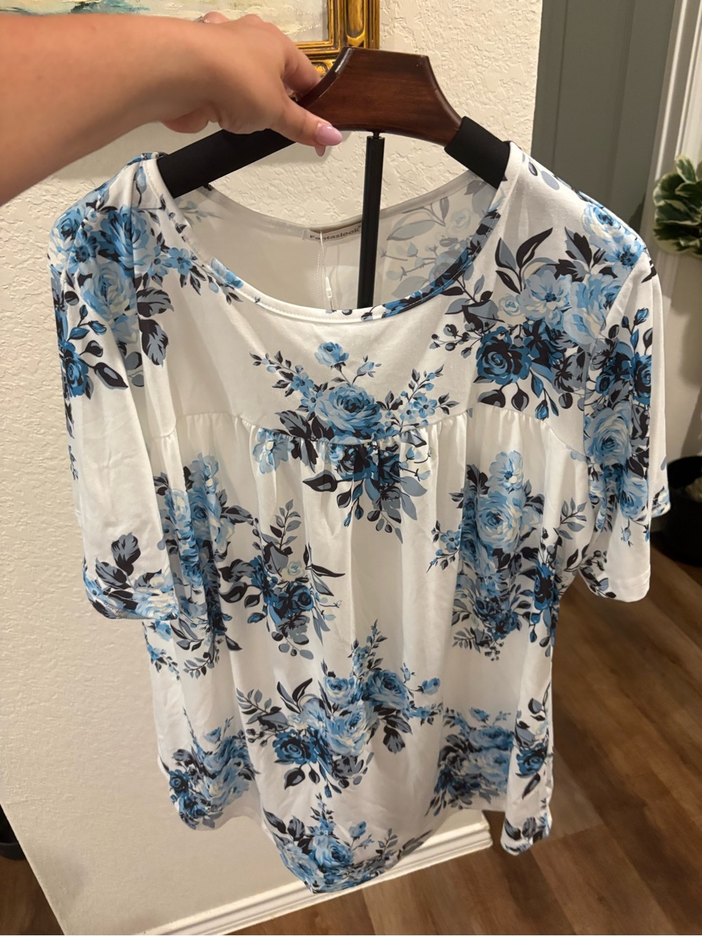 White Short-Sleeve Floral Blouse with Blue Rose Print